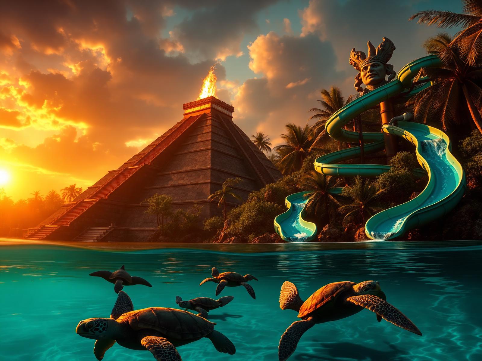 Chanolandia parque acuático en Playa del Carmen con pirámide maya y toboganes
